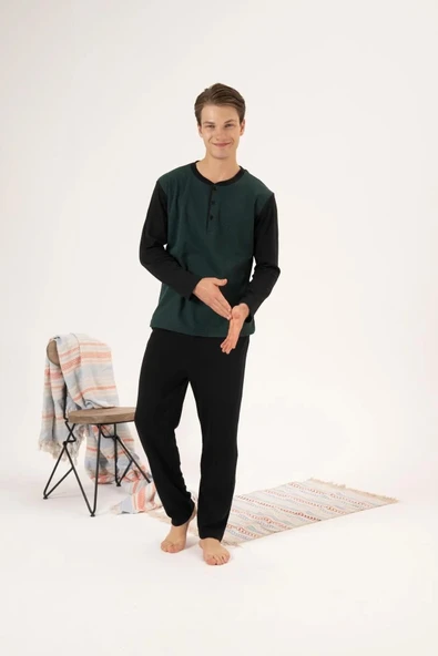 Estiva 24403 Büyük Beden Erkek Kışlık Düğmeli Yaka Jakarlı İnterlok Pijama Takımı - 10