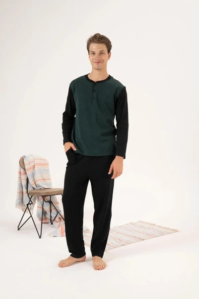 Estiva 24403 Büyük Beden Erkek Kışlık Düğmeli Yaka Jakarlı İnterlok Pijama Takımı - 9