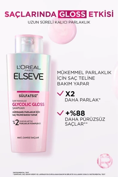 Elseve Glycolic Gloss 3lü Saç Bakım Seti Mükemmel Parlaklık Şampuan 200ML + Saç Kremi 150ML+ Laminasyon Bakım 200ML - Resim 2