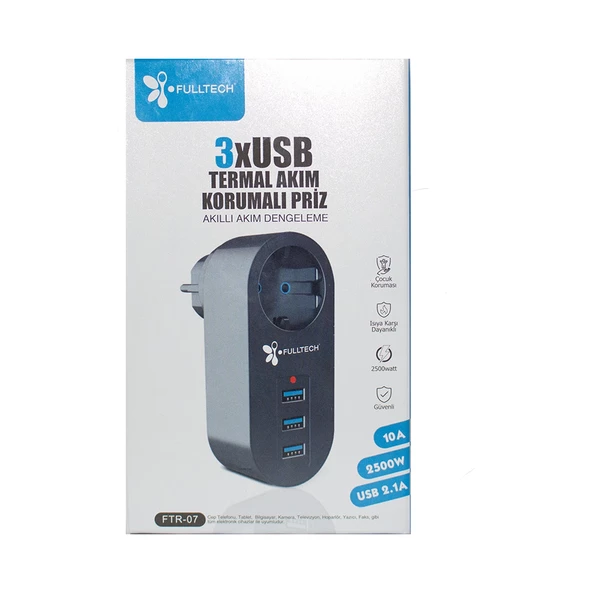 Akım Korumalı Tekli Priz - Akıllı Akım Dengeleme - 3xusb - Isıya Karşı Dayanıklı (4593)