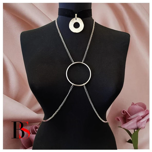 Siyah Kadife Choker - İkili Kadın Vücut Zinciri - 2