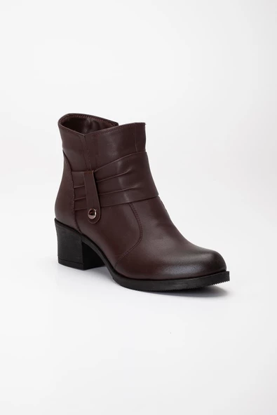 Hakiki Deri Kadın Topuklu Bot Kahve Bağsız Yuvarlak Burun - Resim 4