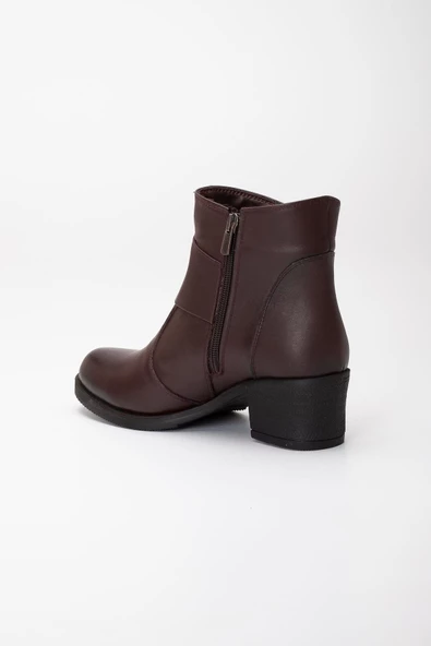 Hakiki Deri Kadın Topuklu Bot Kahve Bağsız Yuvarlak Burun - Resim 5