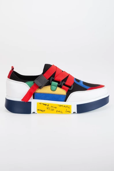 Kadın Spor Ayakkabı Beyaz Streç Süet Çok Renkli Kalın Taban - Resim 3