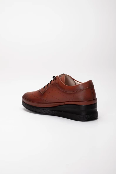 Hakiki Deri Ortopedik Kadın Dolgu Topuklu Ayakkabı Taba Elastik Bağcıklı - Resim 5