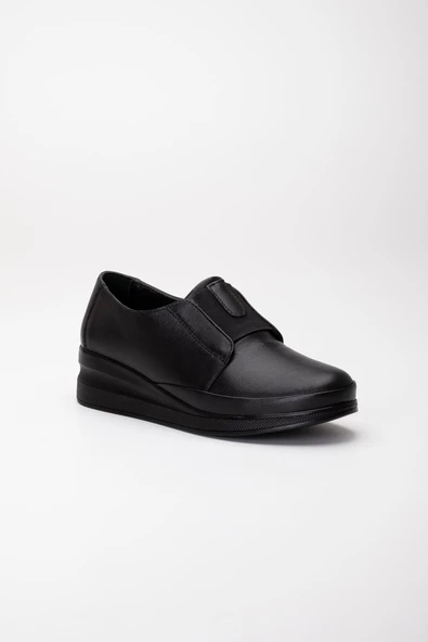 Hakiki Deri Ortopedik Kadın Dolgu Topuklu Ayakkabı Siyah Elastik Bantlı Bağsız - Resim 4