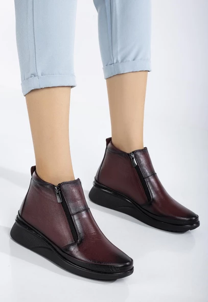 Hakiki Deri Ortopedik Kadın Bot Bordo 2 Fermuarlı Dolgu Tabanlı - Resim 2