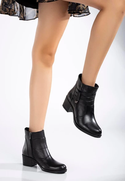 Hakiki Deri Kadın Topuklu Bot Siyah Bağsız Yuvarlak Burun - Resim 2