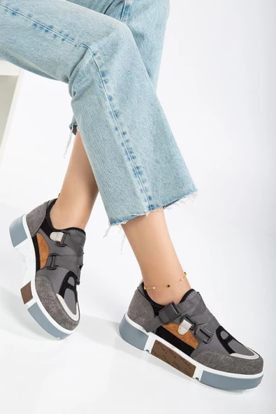 Kadın Spor Ayakkabı Gri Streç Süet Çok Renkli Kalın Taban - Resim 2