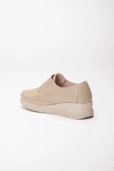 Hakiki Deri Ortopedik Kadın Dolgu Topuklu Ayakkabı Bej Elastik Bantlı Bağsız - Resim 5