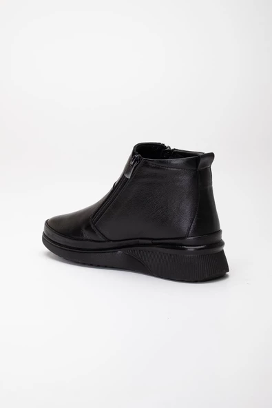 Hakiki Deri Ortopedik Kadın Bot Siyah 2 Fermuarlı Dolgu Tabanlı - Resim 5