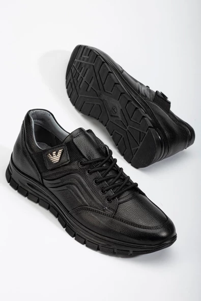 Hakiki Deri Erkek Günlük Ayakkabı Siyah Elastik Bağcık Bantlı Termo Taban ürün görseli