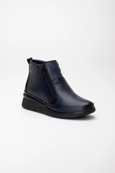 Hakiki Deri Ortopedik Kadın Bot Lacivert 2 Fermuarlı Dolgu Tabanlı - Resim 4