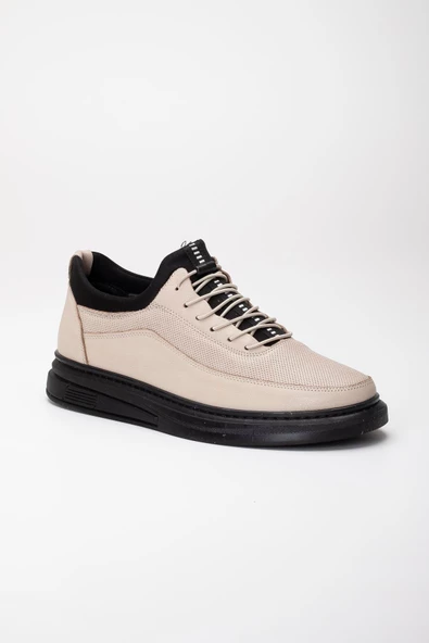 Hakiki Deri Ortopedik Erkek Günlük Ayakkabı Bej Streç Elastik Bağcıklı - Resim 4