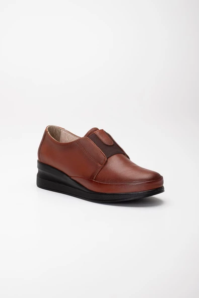 Hakiki Deri Ortopedik Kadın Dolgu Topuklu Ayakkabı Taba Elastik Bantlı Bağsız - Resim 4