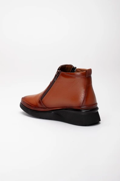 Hakiki Deri Ortopedik Kadın Bot Taba 2 Fermuarlı Dolgu Tabanlı - Resim 5