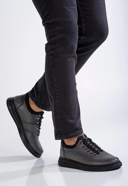 Hakiki Deri Ortopedik Erkek Günlük Ayakkabı Gri Streç Elastik Bağcıklı - Resim 2