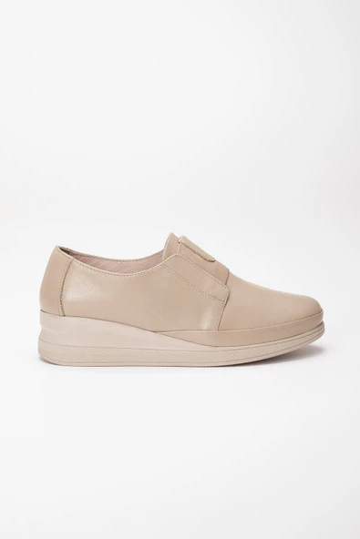 Hakiki Deri Ortopedik Kadın Dolgu Topuklu Ayakkabı Bej Elastik Bantlı Bağsız - Resim 3