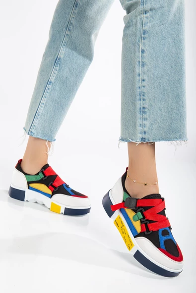 Kadın Spor Ayakkabı Beyaz Streç Süet Çok Renkli Kalın Taban - Resim 2