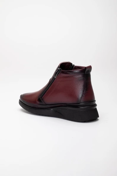 Hakiki Deri Ortopedik Kadın Bot Bordo 2 Fermuarlı Dolgu Tabanlı - Resim 5