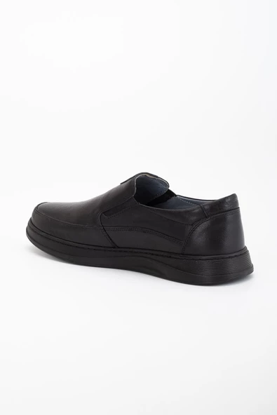 Hakiki Deri Ortopedik Erkek Günlük Ayakkabı Siyah Bağsız Düz Taban - Resim 5