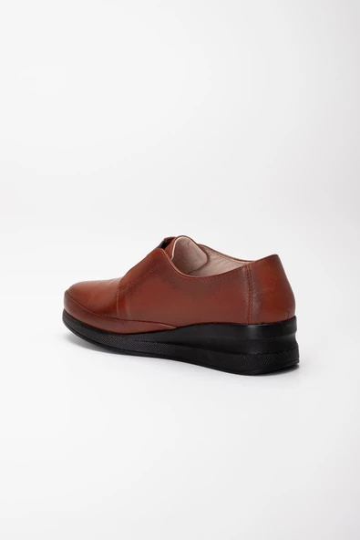 Hakiki Deri Ortopedik Kadın Dolgu Topuklu Ayakkabı Taba Elastik Bantlı Bağsız - Resim 5