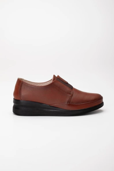 Hakiki Deri Ortopedik Kadın Dolgu Topuklu Ayakkabı Taba Elastik Bantlı Bağsız - Resim 3