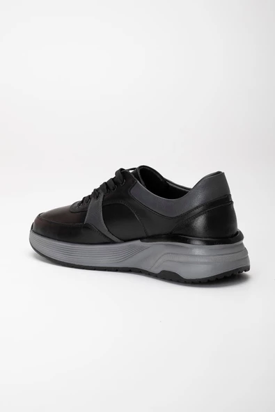 Hakiki Deri Ortopedik Erkek Günlük Ayakkabı Siyah Kalın Taban Bağlı - Resim 5