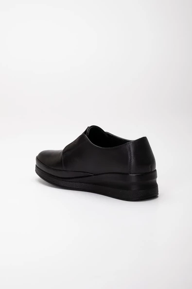 Hakiki Deri Ortopedik Kadın Dolgu Topuklu Ayakkabı Siyah Elastik Bantlı Bağsız - Resim 5