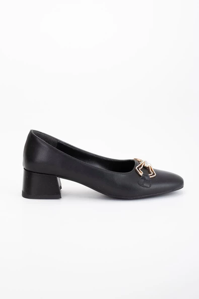 Büyük Numara Cilt Taşlı Aksesuar Siyah Kadın Kısa Topuklu Ayakkabı - Resim 3