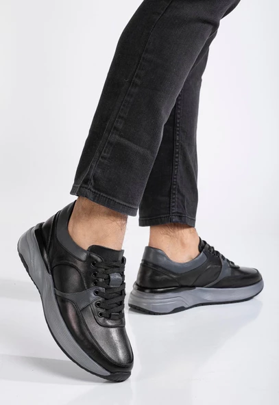 Hakiki Deri Ortopedik Erkek Günlük Ayakkabı Siyah Kalın Taban Bağlı - Resim 2