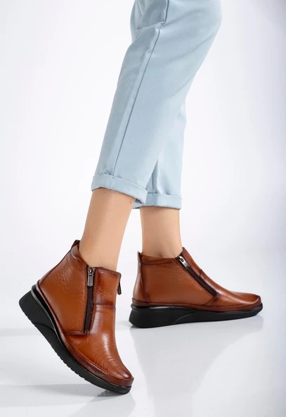 Hakiki Deri Ortopedik Kadın Bot Taba 2 Fermuarlı Dolgu Tabanlı - Resim 2