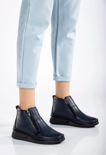 Hakiki Deri Ortopedik Kadın Bot Lacivert 2 Fermuarlı Dolgu Tabanlı - Resim 2