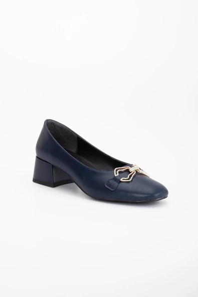 Büyük Numara Cilt Taşlı Aksesuar Lacivert Kadın Kısa Topuklu Ayakkabı - Resim 3