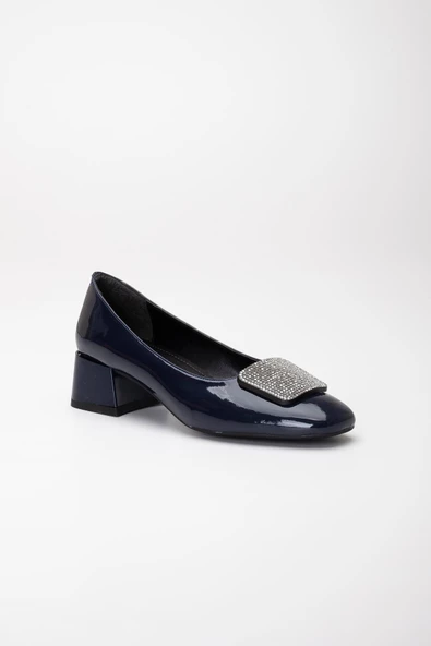 Büyük Numara Rugan Kare Taşlı Lacivert Kadın Kısa Topuklu Ayakkabı - Resim 4