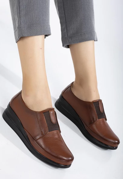 Hakiki Deri Ortopedik Kadın Dolgu Topuklu Ayakkabı Taba Elastik Bantlı Bağsız - Resim 2