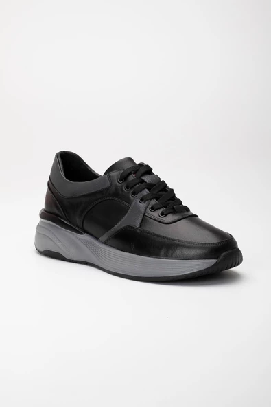 Hakiki Deri Ortopedik Erkek Günlük Ayakkabı Siyah Kalın Taban Bağlı - Resim 4