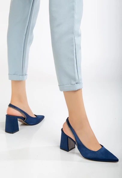 Saten Topuk Taşlı Lacivert Büyük Numara Kadın Ayakkabı Topuklu Abiye - Resim 2