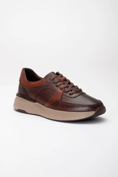 Hakiki Deri Ortopedik Erkek Günlük Ayakkabı Kahverengi Kalın Taban Bağlı - Resim 4