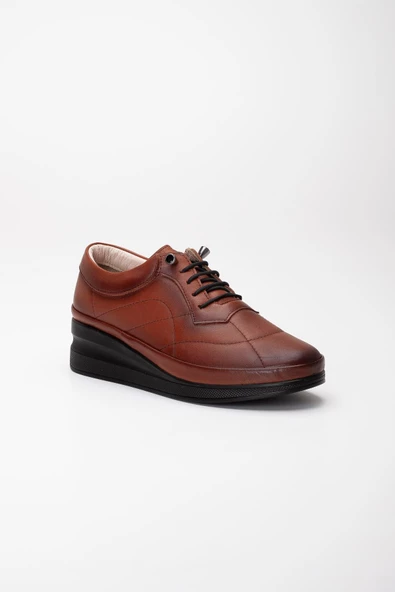 Hakiki Deri Ortopedik Kadın Dolgu Topuklu Ayakkabı Taba Elastik Bağcıklı - Resim 4