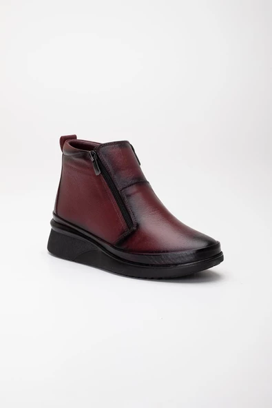 Hakiki Deri Ortopedik Kadın Bot Bordo 2 Fermuarlı Dolgu Tabanlı - Resim 4