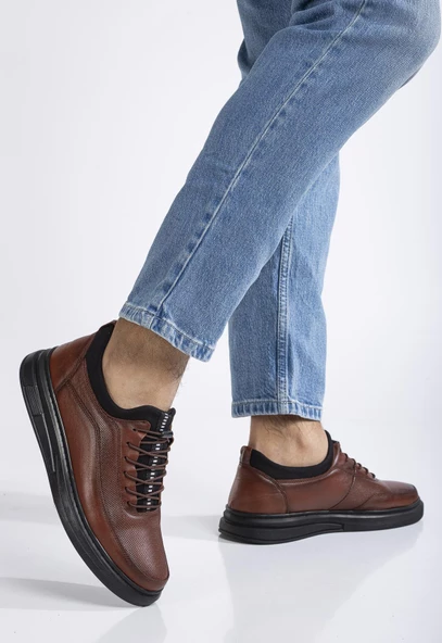 Hakiki Deri Ortopedik Erkek Günlük Ayakkabı Taba Streç Elastik Bağcıklı - Resim 2