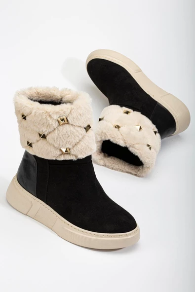 Kadın Düz Topuklu Bot Siyah Süet Kürklü Troklu - Resim 2