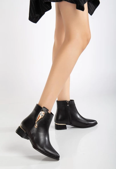 Kadın Kısa Topuklu Bot Siyah Yüzlü Model Taşlı Galvaniz Ökçeli - Resim 2