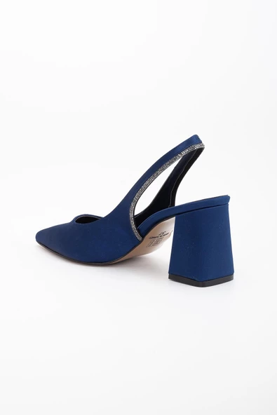 Saten Topuk Taşlı Lacivert Büyük Numara Kadın Ayakkabı Topuklu Abiye - Resim 5