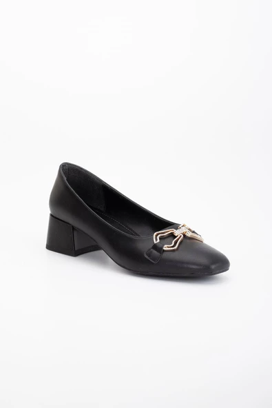 Büyük Numara Cilt Taşlı Aksesuar Siyah Kadın Kısa Topuklu Ayakkabı - Resim 4