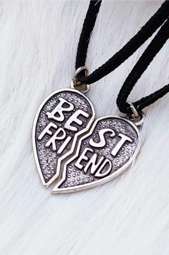 Gri Kalp Best Friends İkili Deri İpli Metal Hediyelik Kolye Takı