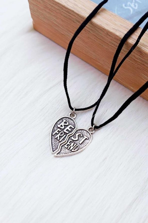 Gri Kalp Best Friends İkili Deri İpli Metal Hediyelik Kolye Takı - 2