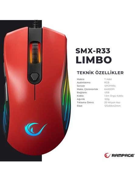 Rampage SMX-R33 Kırmızı RGB Makrolu Ergonomik Optik Kablolu Oyuncu Mouse - Resim 10
