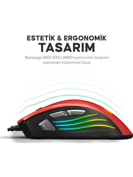 Rampage SMX-R33 Kırmızı RGB Makrolu Ergonomik Optik Kablolu Oyuncu Mouse - Resim 7